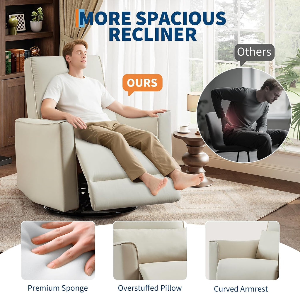 Jojoka Swivel Rocking Recliner Chair, Manual PU Leather Glider Recliner with Lumbar Support, Padded Armrest, High Weight Capacity Single Rocker Sofa for Nursery Living Room Bedroom