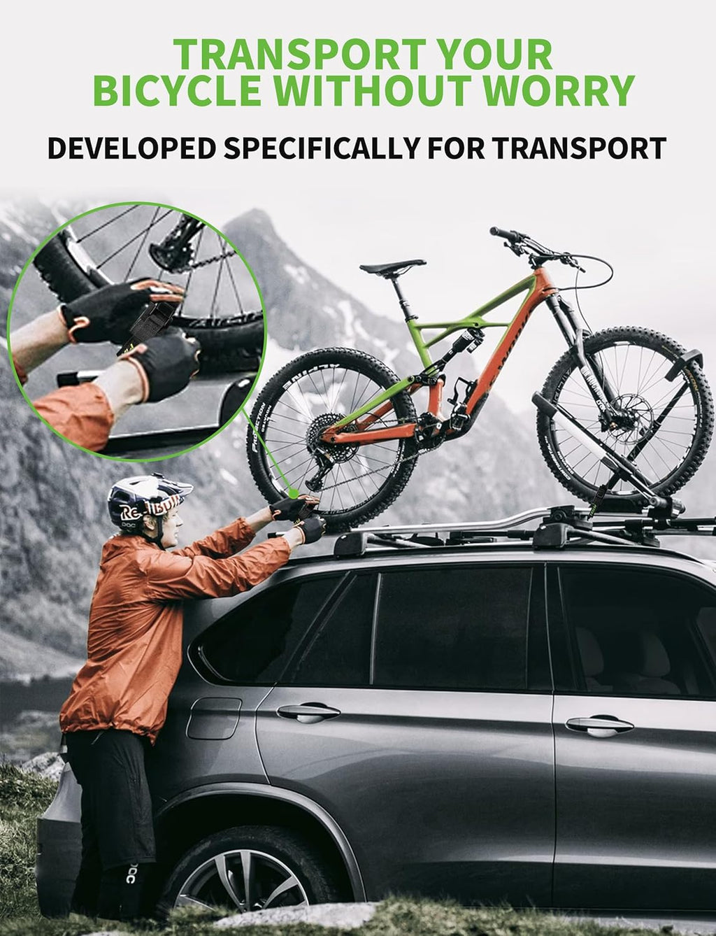 EBike Rack Straps, 4 Pieces, 16 in (40 cm) Length, 0.8 mm Width, 440 lbs (200 kg) Load Capacity, Clamp Lock Lashing Straps for All Bike Racks, Roof Racks & Kayaks(Packaging May Vary)