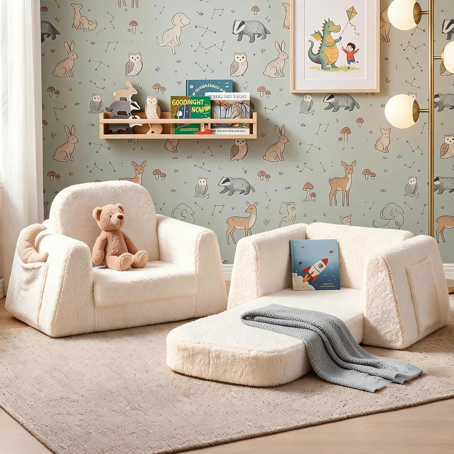 BanaSuper Wide Kids Sofa, Convertible Foam Couch for Children 3-8, Cream | Fold-Out Children Chair, Extra Wide Base for Stability, Sherpa Kids Reading Chair, Comfy Sofa Chair for Children Age 3+