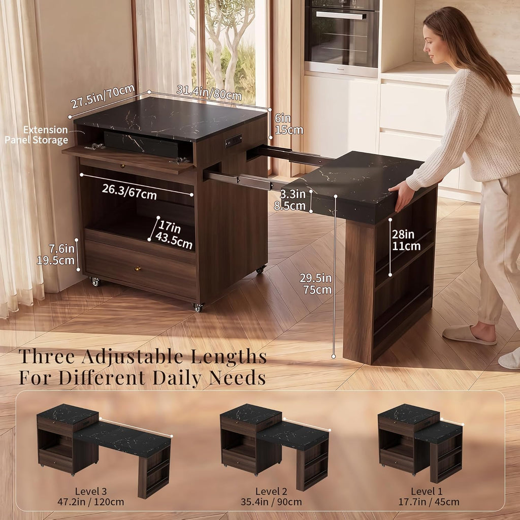 79" Rolling Kitchen Island with 3-Stage Extendable Table, Walnut | Power Outlet, Drawers, Storage Cabinet, Spice Rack, Locking Wheels, Modern Farmhouse Style, Small Kitchen, Dining Room