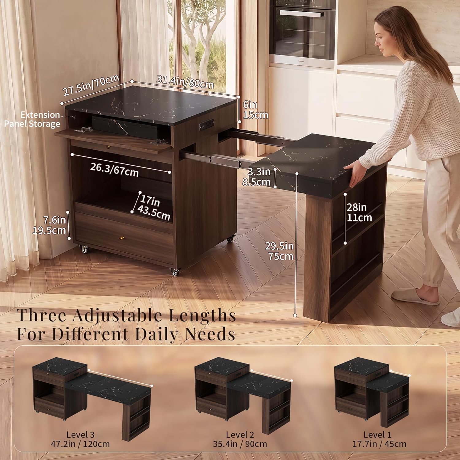 79" Rolling Kitchen Island with 3-Stage Extendable Table, Walnut | Power Outlet, Drawers, Storage Cabinet, Spice Rack, Locking Wheels, Modern Farmhouse Style, Small Kitchen, Dining Room