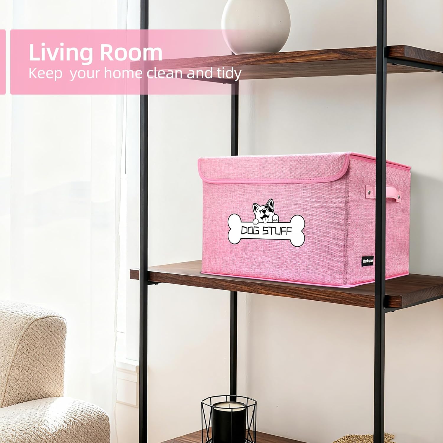 Fabric Dog Toy Box with Lid, Collapsible Storage Bin, Basket Organizer with Handle for Dog Toys, Blankets and Accessories, Pink