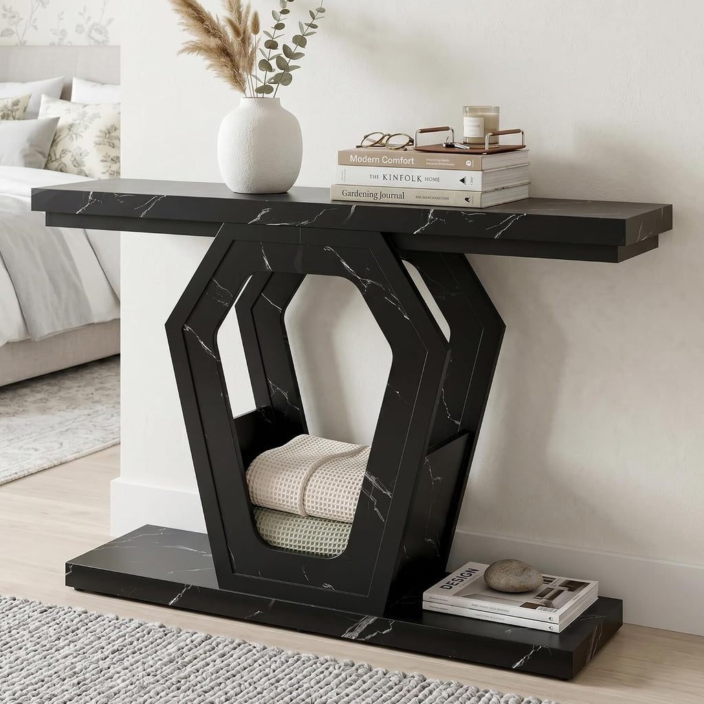 senlin Sofa Table 47.3 Inch Narrow Console Table with Openwork Frame, Industrial Entryway Table for Hallway, Wood and Metal, Adjustable Leg Pads, Easy Assembly (Black Marble Texture)