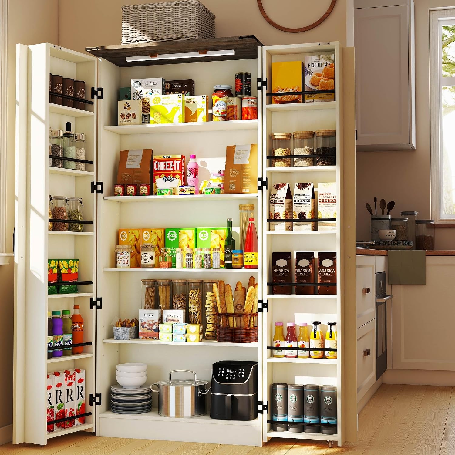 Tall Kitchen Pantry Cabinet: Food Pantry Cabinets for Kitchen Storage, Off White Wood Storage Cabinet with 2 Doors, Farmhouse Cabinets with Freestanding Cupboard