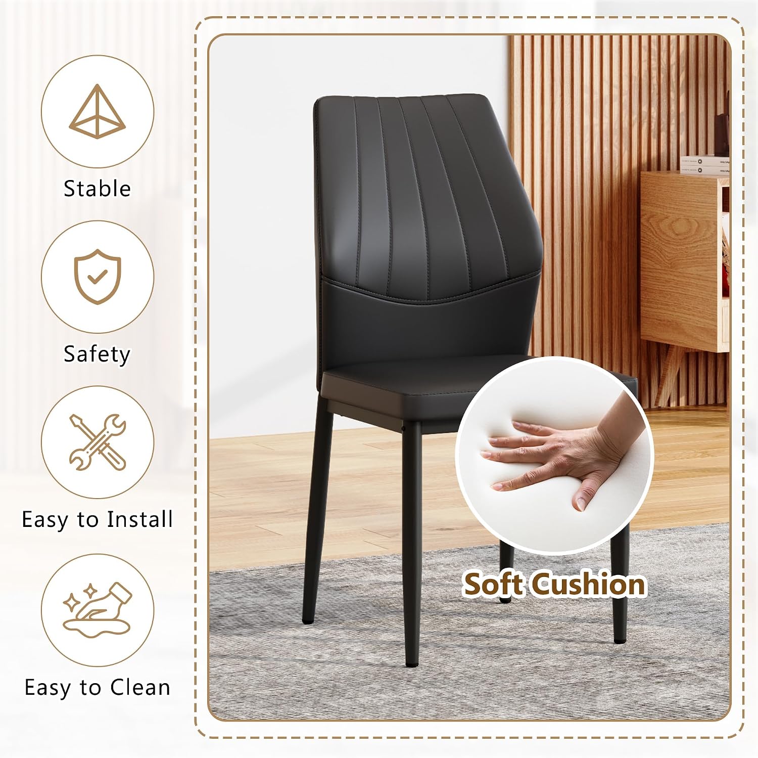 Black Dining Chairs Set of 6, Modern PU Leather Kitchen Chairs with Soft Cushion and Black Metal Legs, Waterproof and Easy to Clean, Armless Dining Chairs for Dining Room,Kitchen,Apartment