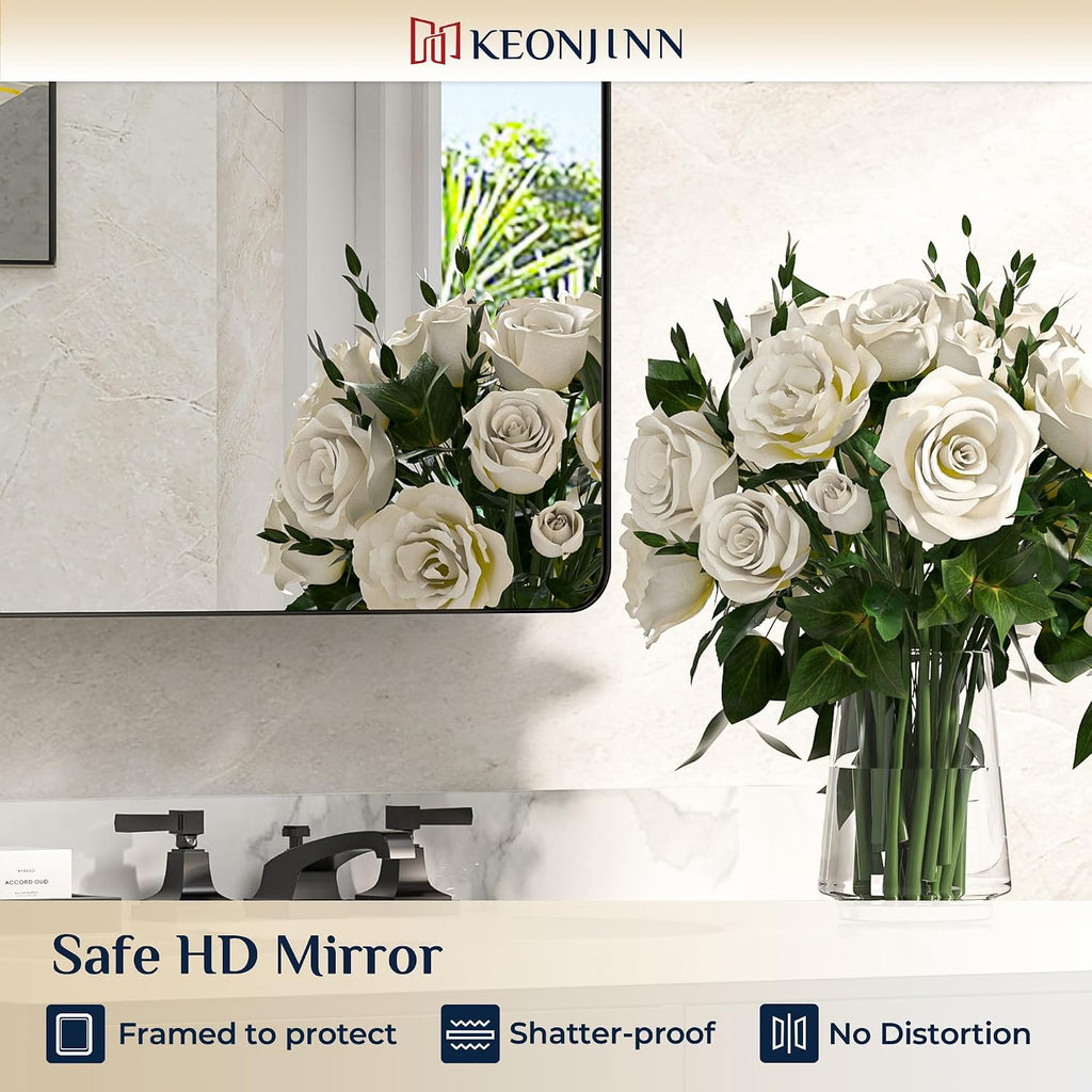 Keonjinn Black Medicine Cabinet 16 x 24 Inch, Bathroom Medicine Cabinet with Mirror, Heavy & Solid Stainless Steel Framed, Adjustable Shelves, Recessed or Wall Mount, Bathroom Mirror with Storage