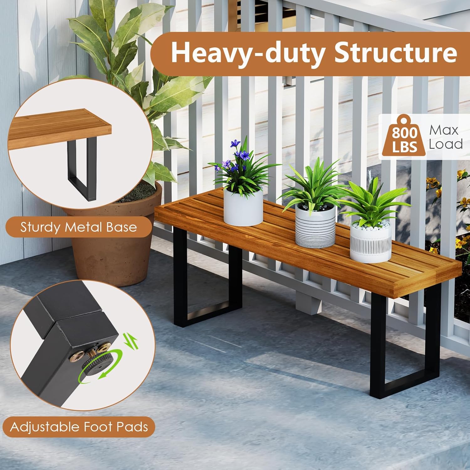 HAPPYGRILL Acacia Wood Bench for 2 People, Outdoor Dining Bench with Metal Legs & Adjustable Foot Pads, for Entryway, Garden, Poolside, Balcony, 800 LBS (1)