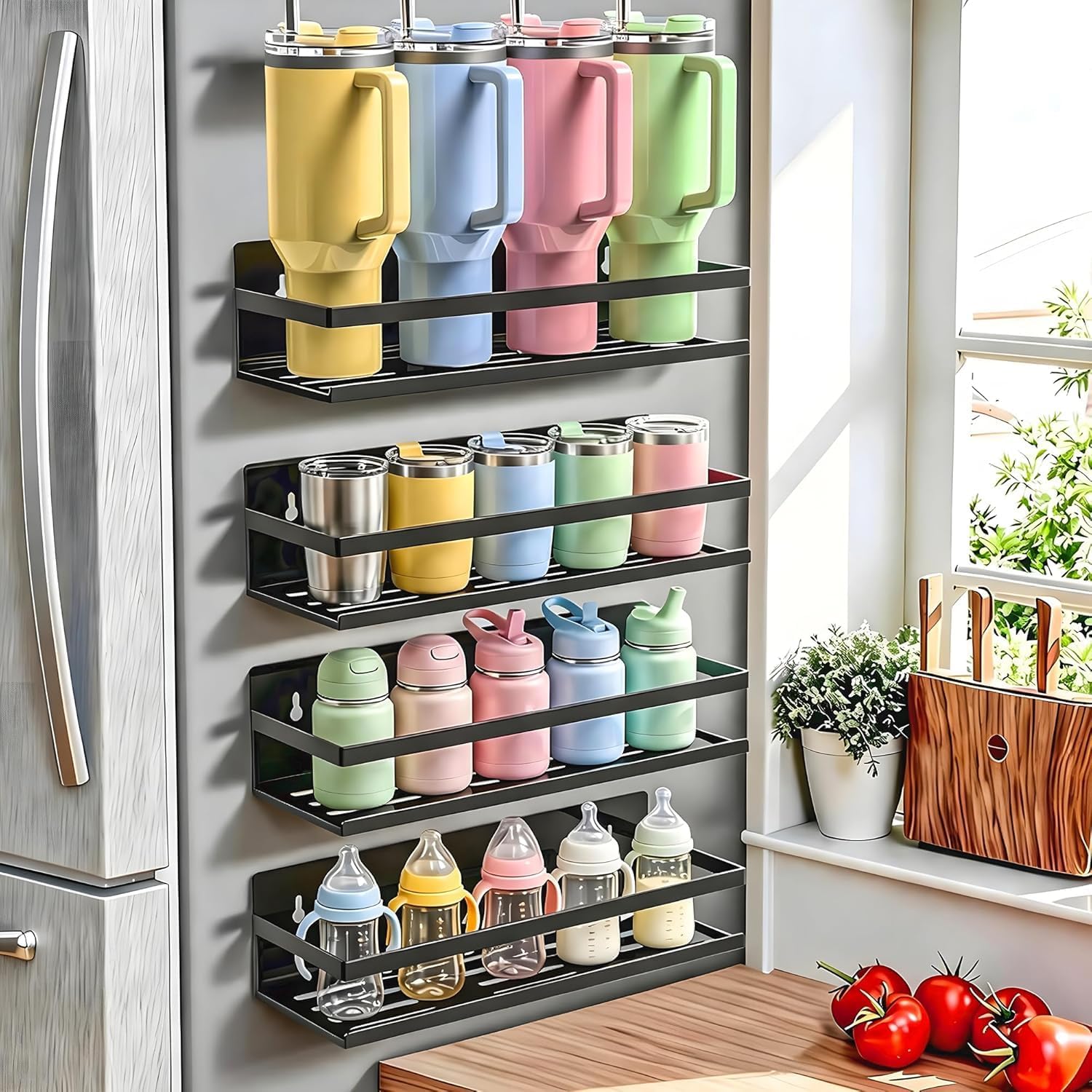 SMRCAD 4 Pack Magnetic Water Bottle Holder for Refrigerator,Stanley Cups Storage Holder Tumbler Organizer Fits 20/30/40 oz for Any Metal Surface No Drilling Needed