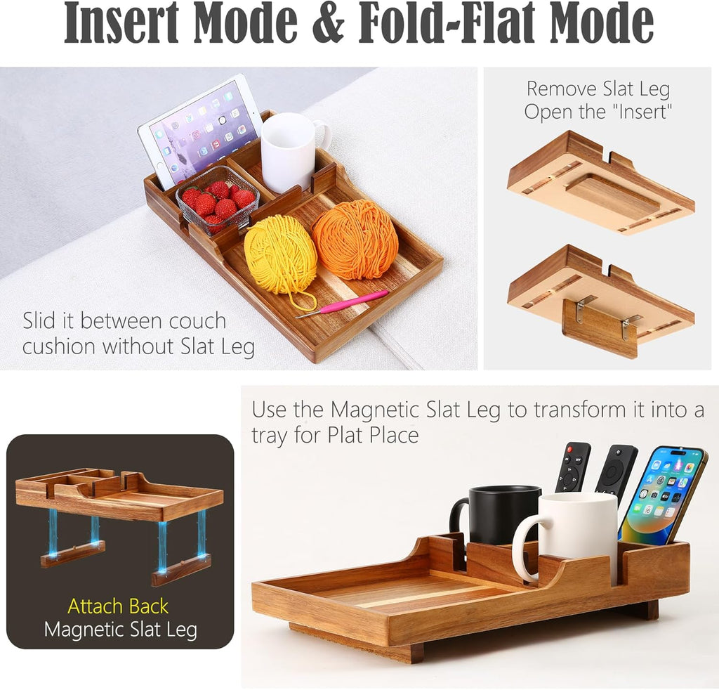 Nnewvante Couch Tray Insert with Cup Holder,2-in-1 Insert & Flat Sofa Organizer Acacia Wood with 2 Cup Holders,Fits Middle Couch or Ottomans,for Snacks, Drinks, Remotes,15.35x9.84-inch