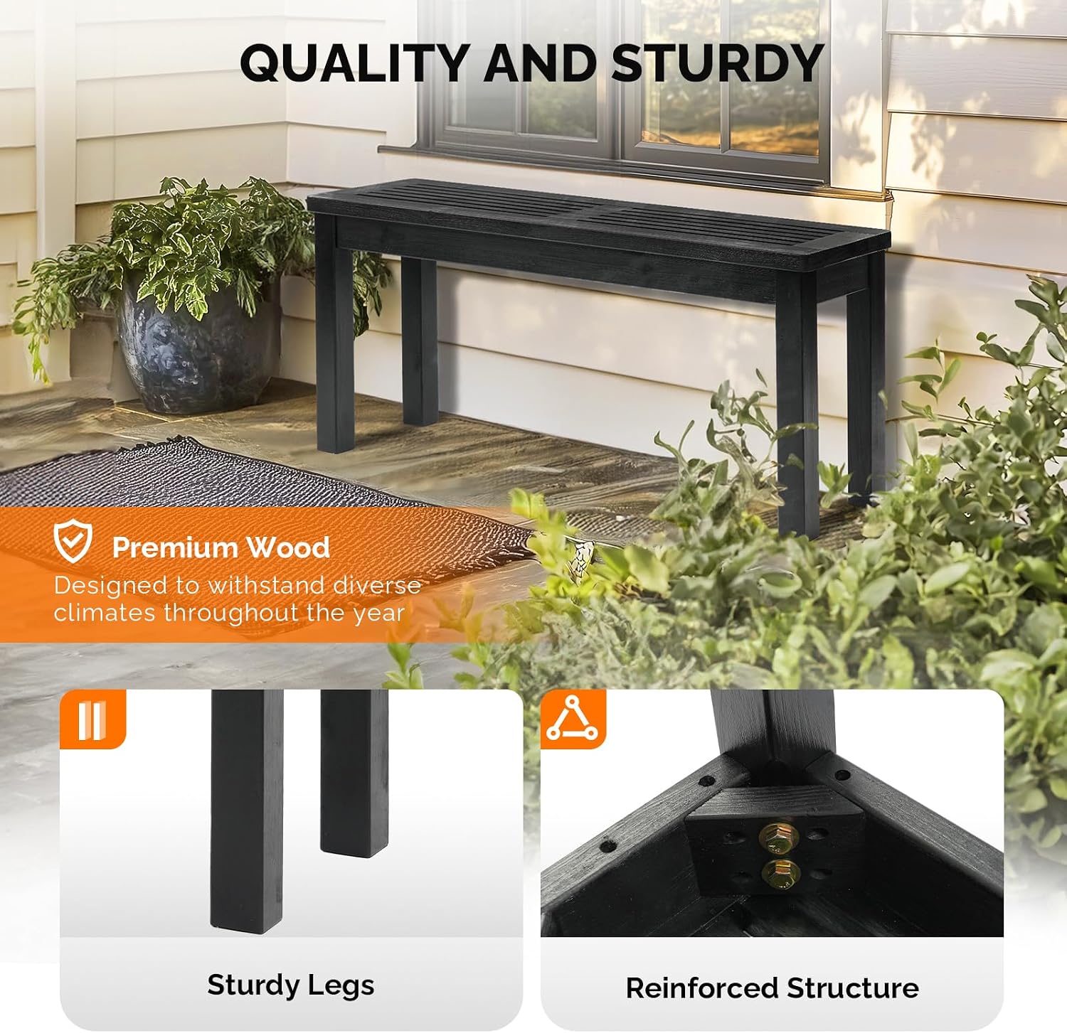 VINGLI Outdoor Wooden Bench, 40” Porch Bench Outdoor Backless Garden Bench, Small Outdoor Bench for Deck Patio Entryway (Black, 40in)