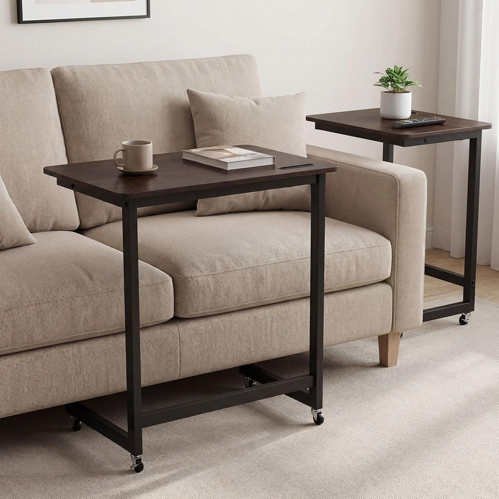 GOFLAME Rolling C Shaped End Table, Couch Sofa Side Table with Wheels, Phone Slot, Industrial TV Tray Bedside Tables, Compact Nightstand for Living Room, Bedroom, Home Office, Rustic Brown (1)