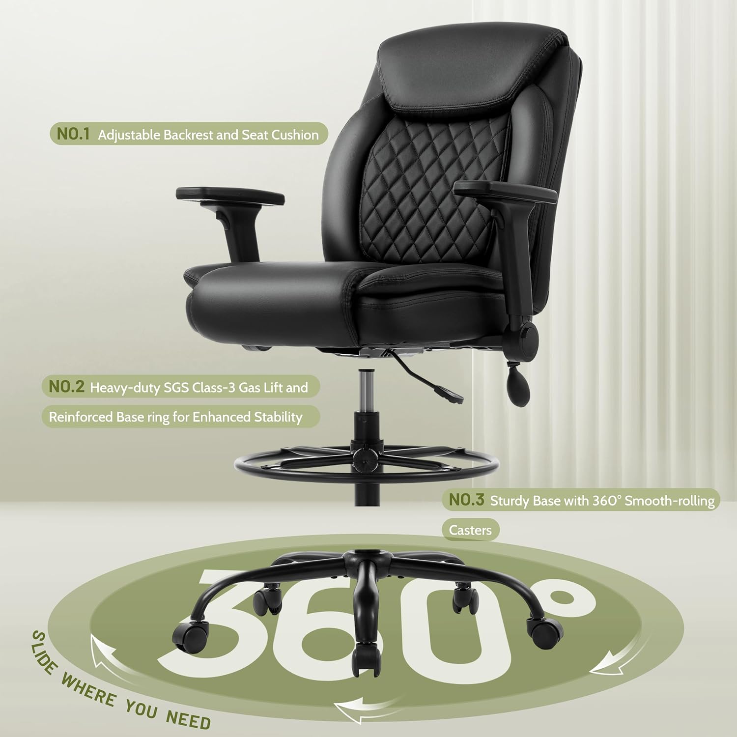 Drafting Chair,Executive Tall Office Chair Flip-up Armrests for Counter Height Desk Drawing Use,High Task Chair with Adjustable Foot Ring & Inflatable Lumbar Support, Swivel Computer Stool,PU Black