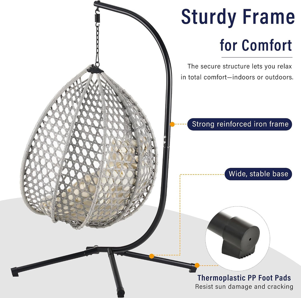 Hanging Egg Chair with Stand – 330 Lbs Capacity Patio Rattan Basket Chair, Garden Swing Hammock with Soft Removable Cushion, Indoor Outdoor for Balcony, Porch, Poolside & Bedroom, Gray+Beige