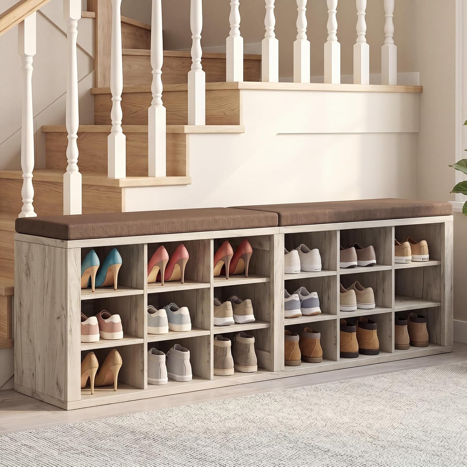 ITEFDTUTNE Entryway Bench with Shoe Storage, 59" Wood Shoe Storage Bench with Cushion (18 Cubbies) for Hallway Living Room Bedroom