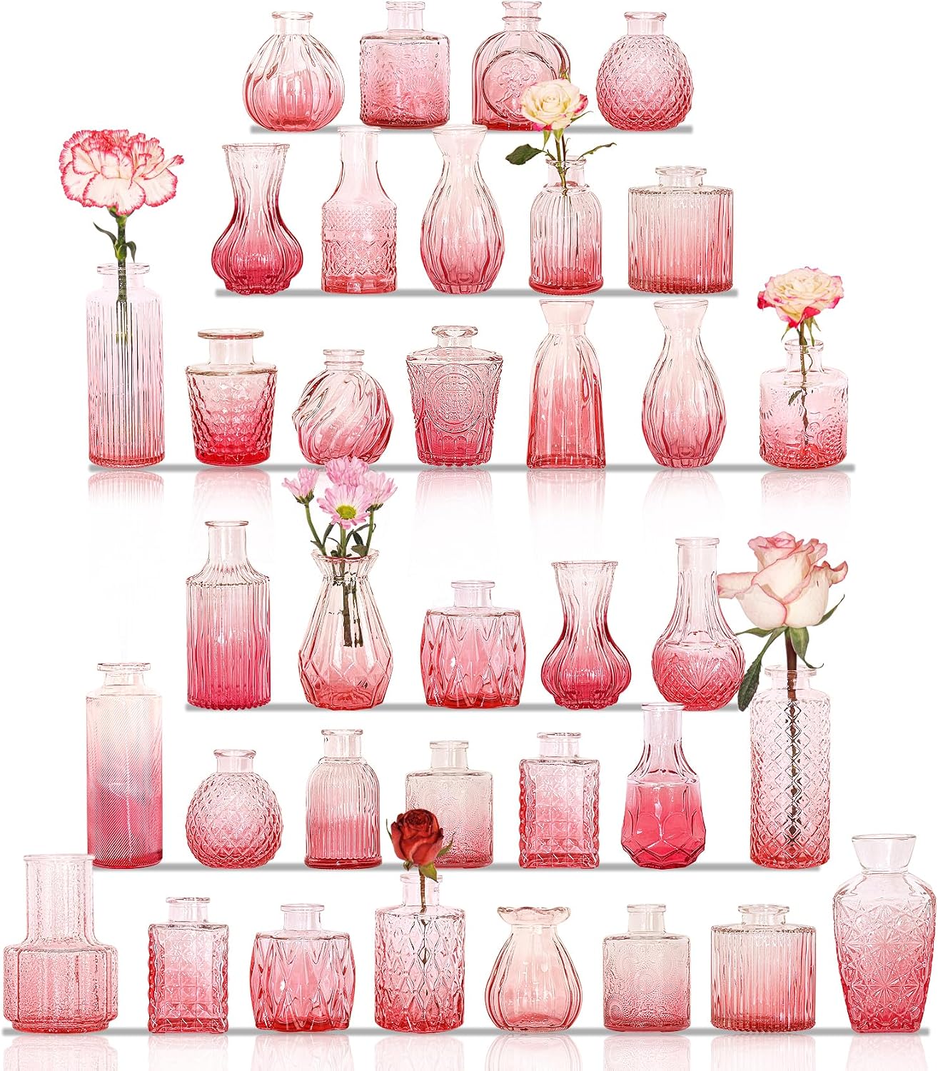 36Pcs Valentine's Day Bud Vases Set Small Vintage Glass Bottles Pink Bud Vases in Bulk Multiple Shape Cute Glass Vases for Rustic Wedding Centerpieces Table Decorations and Home Decor(Pink)