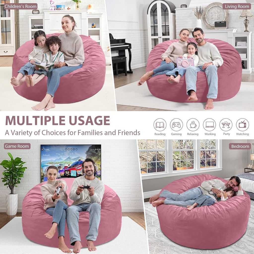 5FT Bean Bag Chair, Large Bean Bag Chairs with Memory Foam Filled, Fluffy Beanbag Sofa with Dutch Velvet Cover, Round BeanBag Chairs for Living Room, Playroom - Dusty Pink