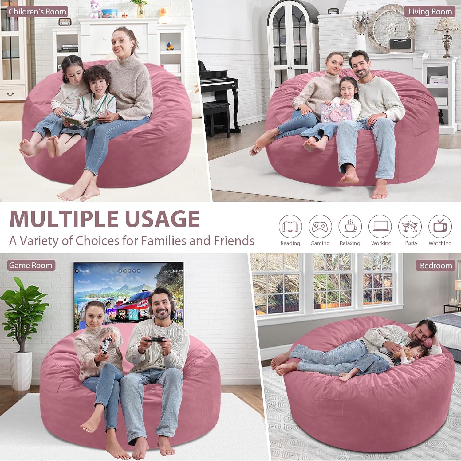 5FT Bean Bag Chair, Large Bean Bag Chairs with Memory Foam Filled, Fluffy Beanbag Sofa with Dutch Velvet Cover, Round BeanBag Chairs for Living Room, Playroom - Dusty Pink