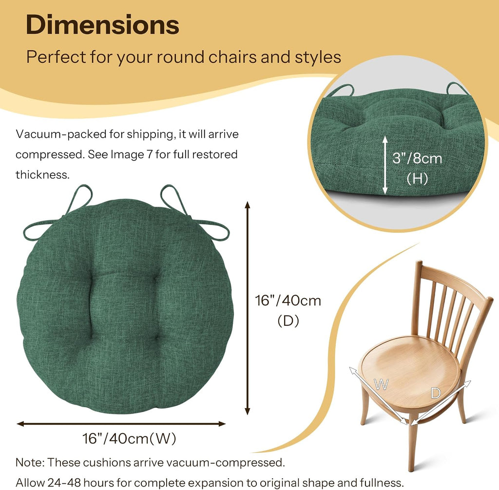 Round Chair Cushions with Ties 16" x 16" x 3" Thick Round Cushions Set of 2 for Indoor Furniture Comfy Circle Seat Pads for Kitchen Dining Room Green