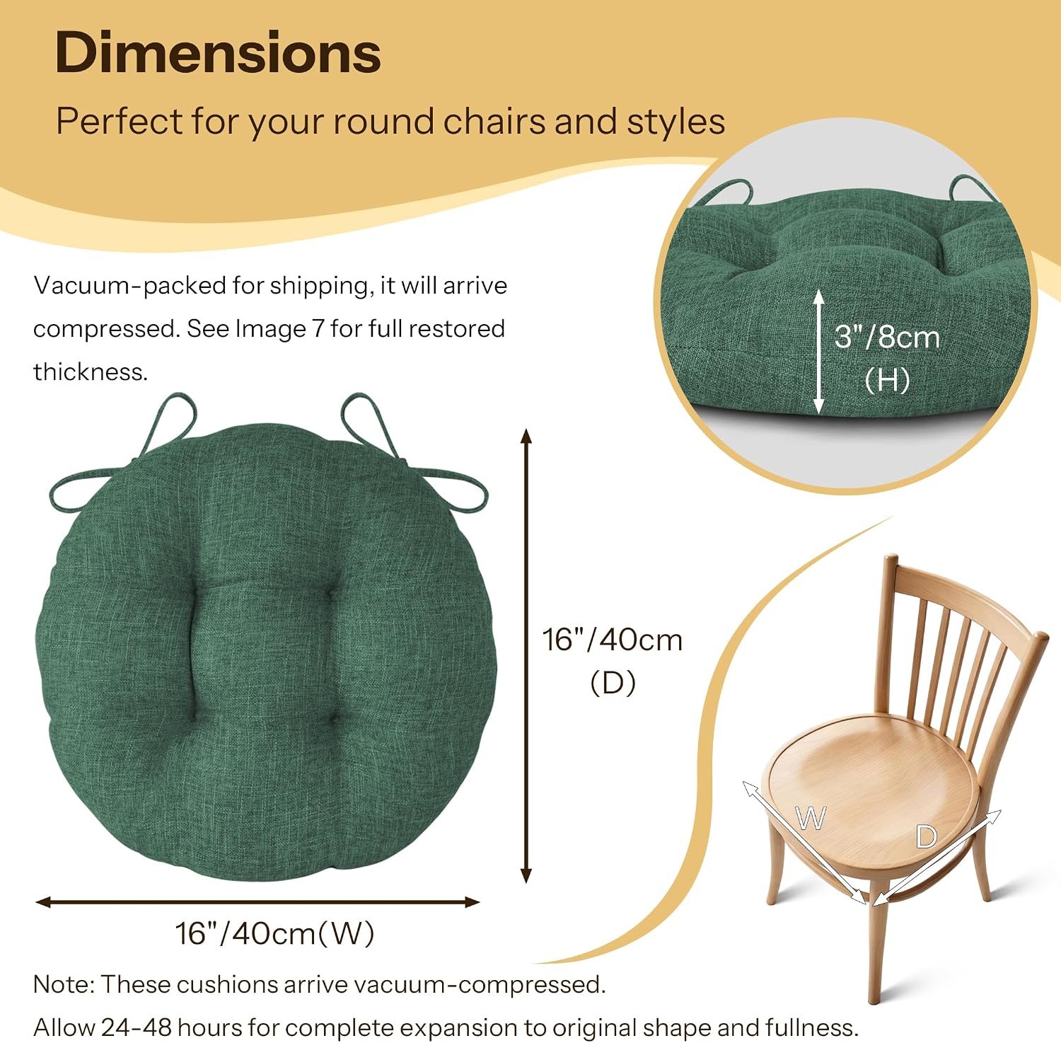 Round Chair Cushions with Ties 16" x 16" x 3" Thick Round Cushions Set of 2 for Indoor Furniture Comfy Circle Seat Pads for Kitchen Dining Room Green