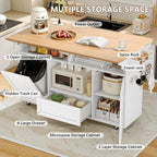 Einhomn 65" Kitchen Island with Power Outlet & Drop Leaf, Island Table for Kitchen with Trash Can Storage, Mobile Rolling Kitchen Islands on Wheels with Spice Rack, Towel Rack & 4 Side Hooks, White