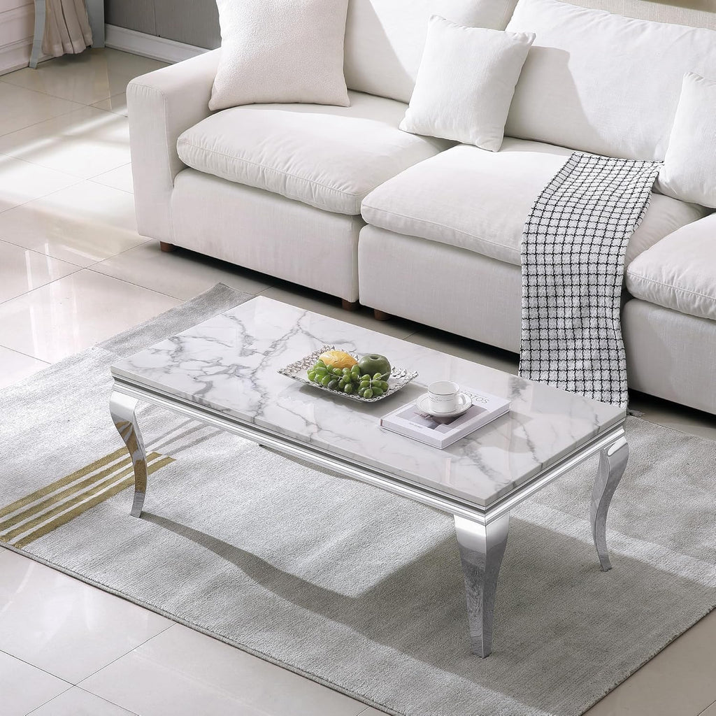Luxury Modern Faux Marble Coffee Table Set of 3 – White MDF Marble Top with Silver Stainless Steel Base, Includes 1 Coffee Table & 2 End Tables for Living Room