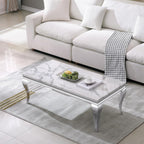 Luxury Modern Faux Marble Coffee Table Set of 3 – White MDF Marble Top with Silver Stainless Steel Base, Includes 1 Coffee Table & 2 End Tables for Living Room