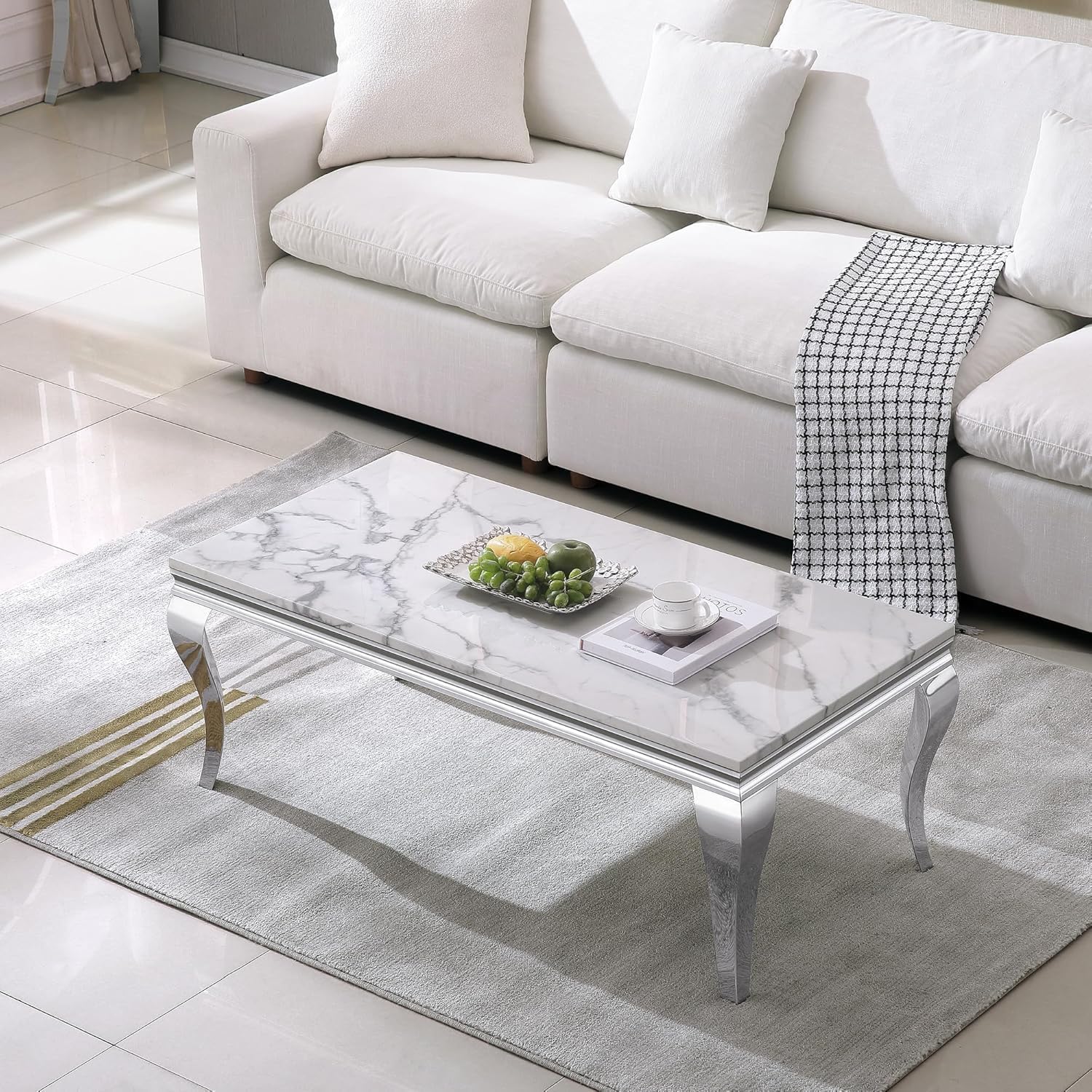 Luxury Modern Faux Marble Coffee Table Set of 3 – White MDF Marble Top with Silver Stainless Steel Base, Includes 1 Coffee Table & 2 End Tables for Living Room