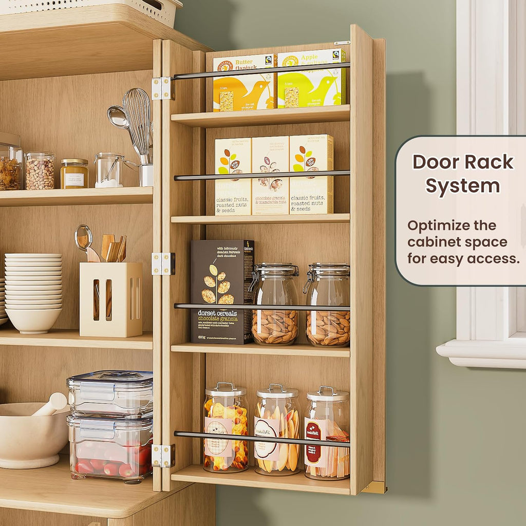 Modern Fluted Wood Pantry Cabinet with 6 Adjustable Shelves & 8 Door-Mounted Spice Racks - Wall-Secure Storage Organizer for Kitchen, Dining, Living Room (Oak)