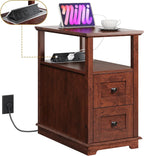 WLIVE End Table with Charging Station, Narrow Side Table for Living Room, Farmhouse Nightstand with Storage, Small Wooden Cabinet with USB Ports and Outlets for Living Room and Bedroom, Cherry