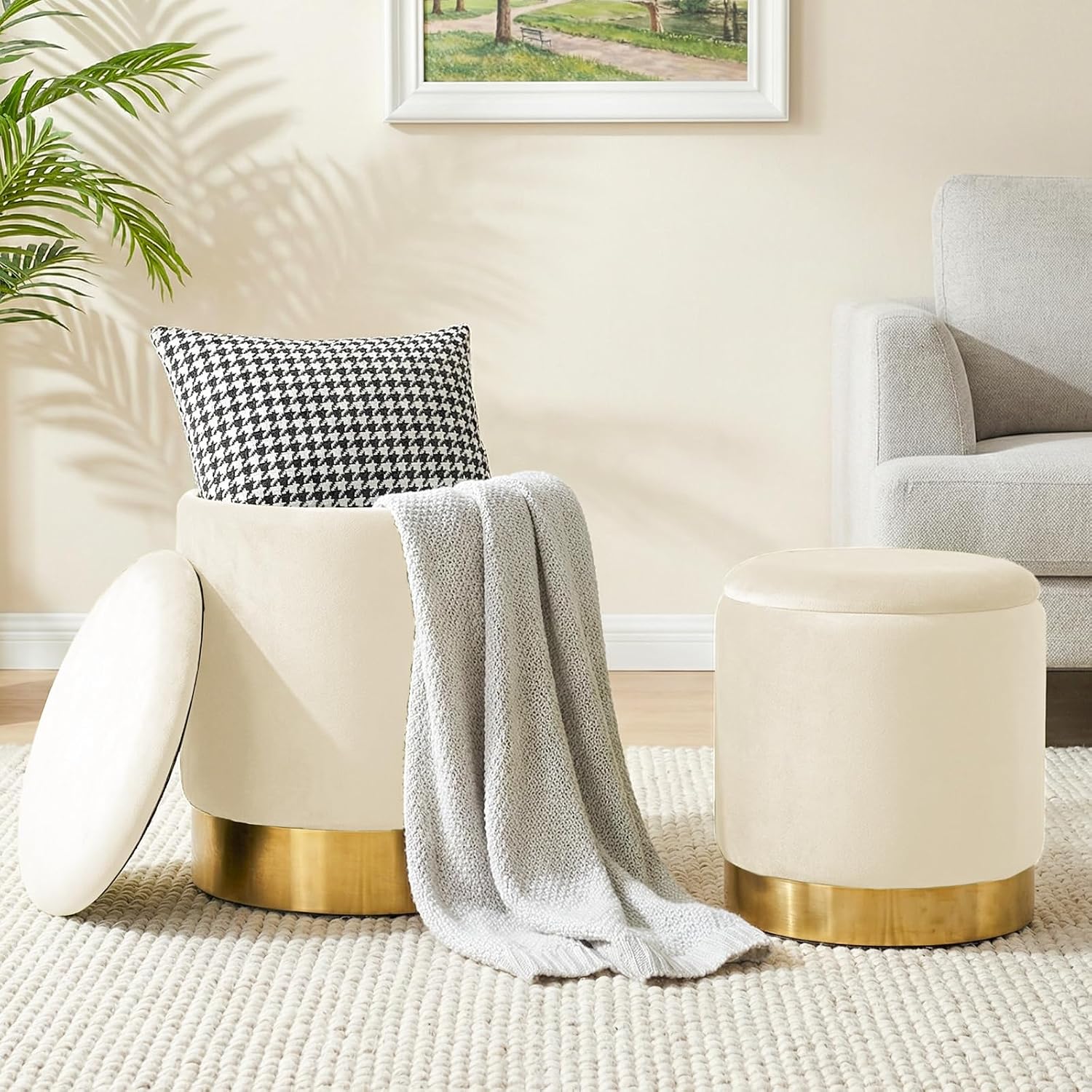 Round Ottoman with Storage Set of 2, Vanity Foot Stool with Storage, Nesting Upholstered Small Ottoman Foot Rest with Gold Plating Base for Room, Bedroom, Dorm, White Velvet Ottomans