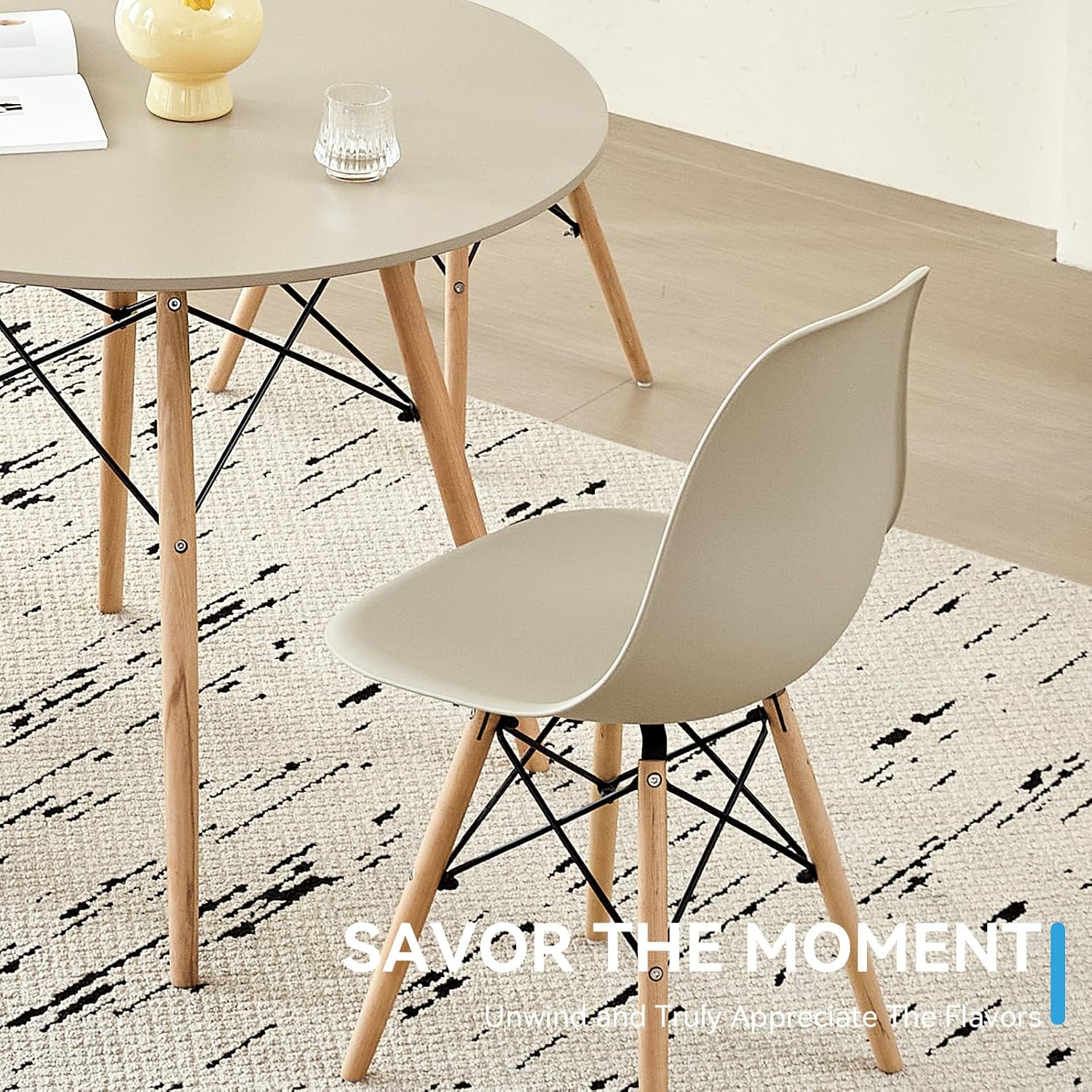 5-Piece Round Dining Table Set, Small 35.5" Kitchen Table Chairs Set of 4 Space Saving Furniture, Plastic Seats, Solid Wood Legs, for Living Room Apartment Office Home, Sand