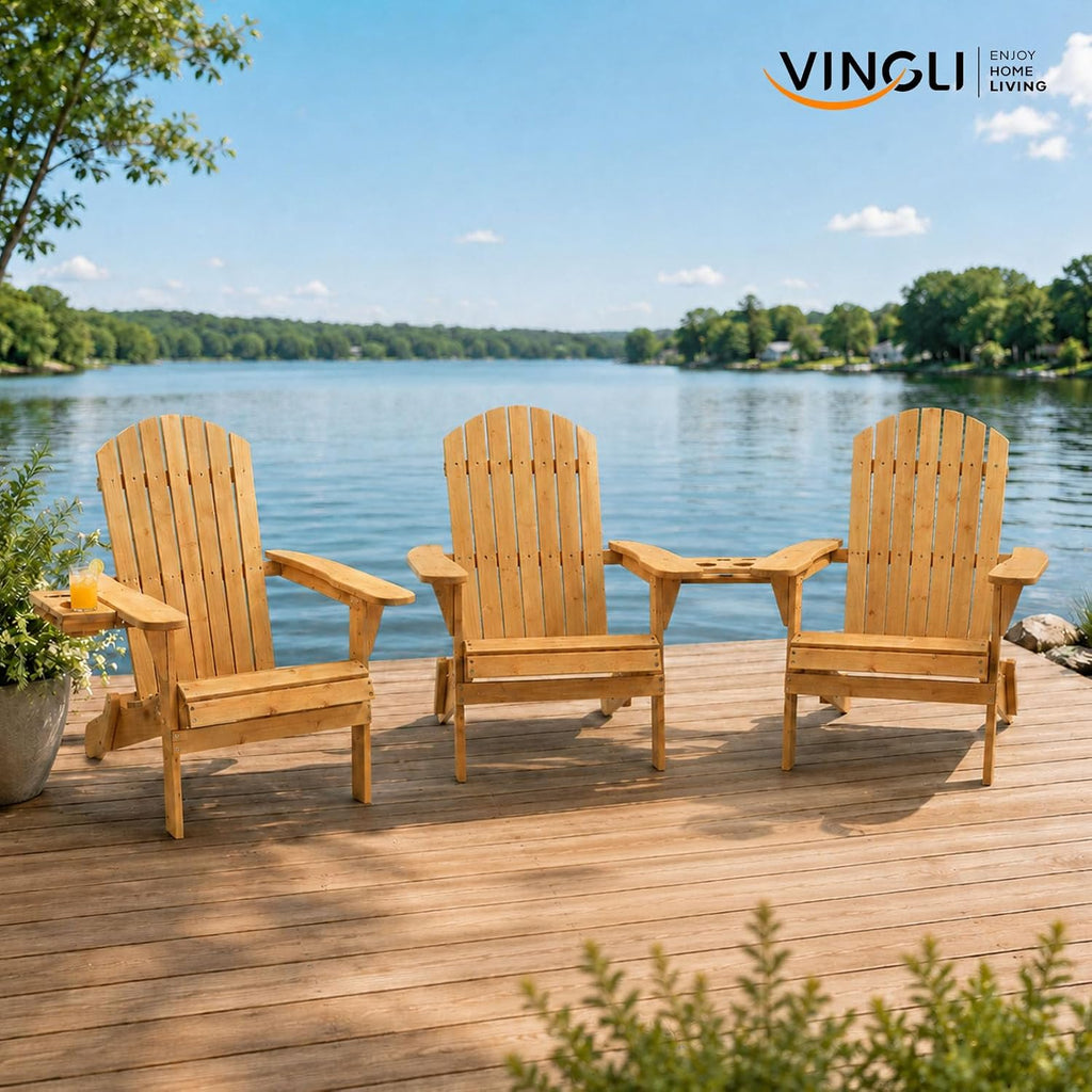 VINGLI Folding Adirondack Double Chair, Wood Adirondack Chairs for Outdoor, with Small Storage Table, Foldable Fire Pit Chairs for Patio, BBQ, Porch, Yard, Pool
