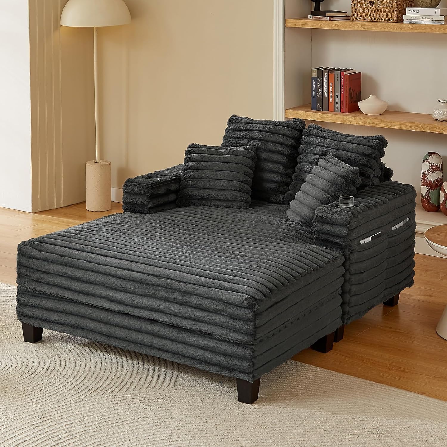 Amsleekey 64" Chaise Lounge Chair Indoor, Oversized Sleeper Chair with Wood Frame, Upholstered Sofa Bed for Living Room, Movie Room, Bedroom with 4 Storage Pockets&2 Cup Holders(Plush Corduroy, Grey)