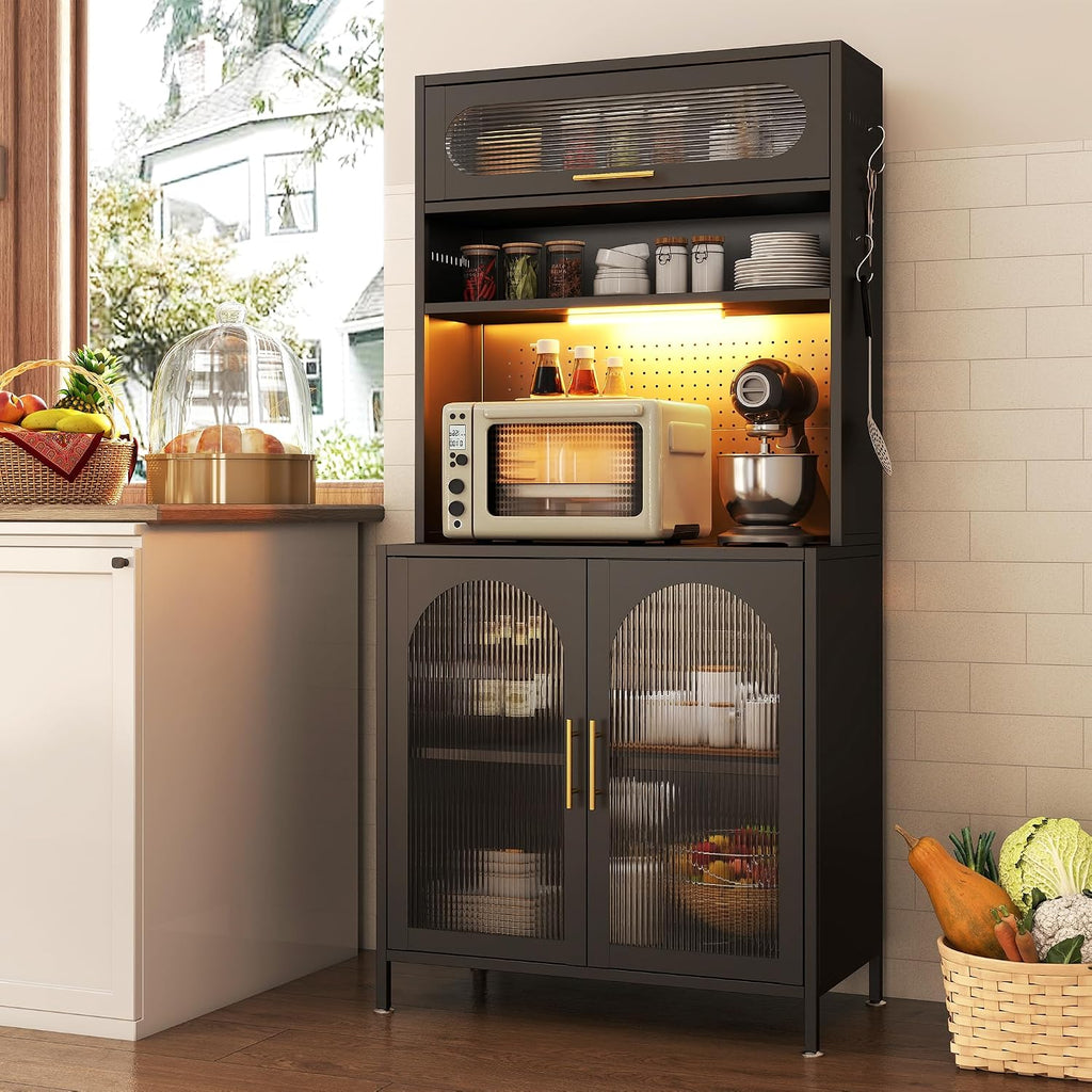 BECHEAO 5 Tier Metal Kitchen Pantry Storage Cabinet with LED Sensor Light, 66" Tall Food Pantry Cabinet, DIY Pegboard, Adjustable Shelves, Microwave Stand & Coffee Bar with Storage for Kitchen, Black