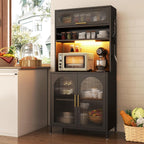 BECHEAO 5 Tier Metal Kitchen Pantry Storage Cabinet with LED Sensor Light, 66" Tall Food Pantry Cabinet, DIY Pegboard, Adjustable Shelves, Microwave Stand & Coffee Bar with Storage for Kitchen, Black