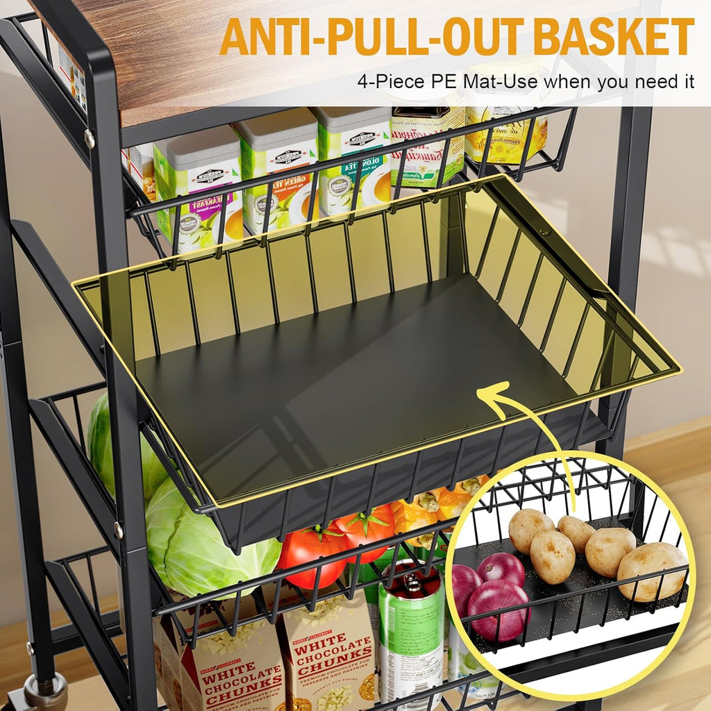 TOOLF 5-Tier Kitchen Storage Cart with Tabletop, Rolling Snack Cart with Lockable Wheels, Fruit Vegetable Basket with 4 Pack Mats, Metal Storage Rack with Pull-Out Pantry Trolley for Organizer