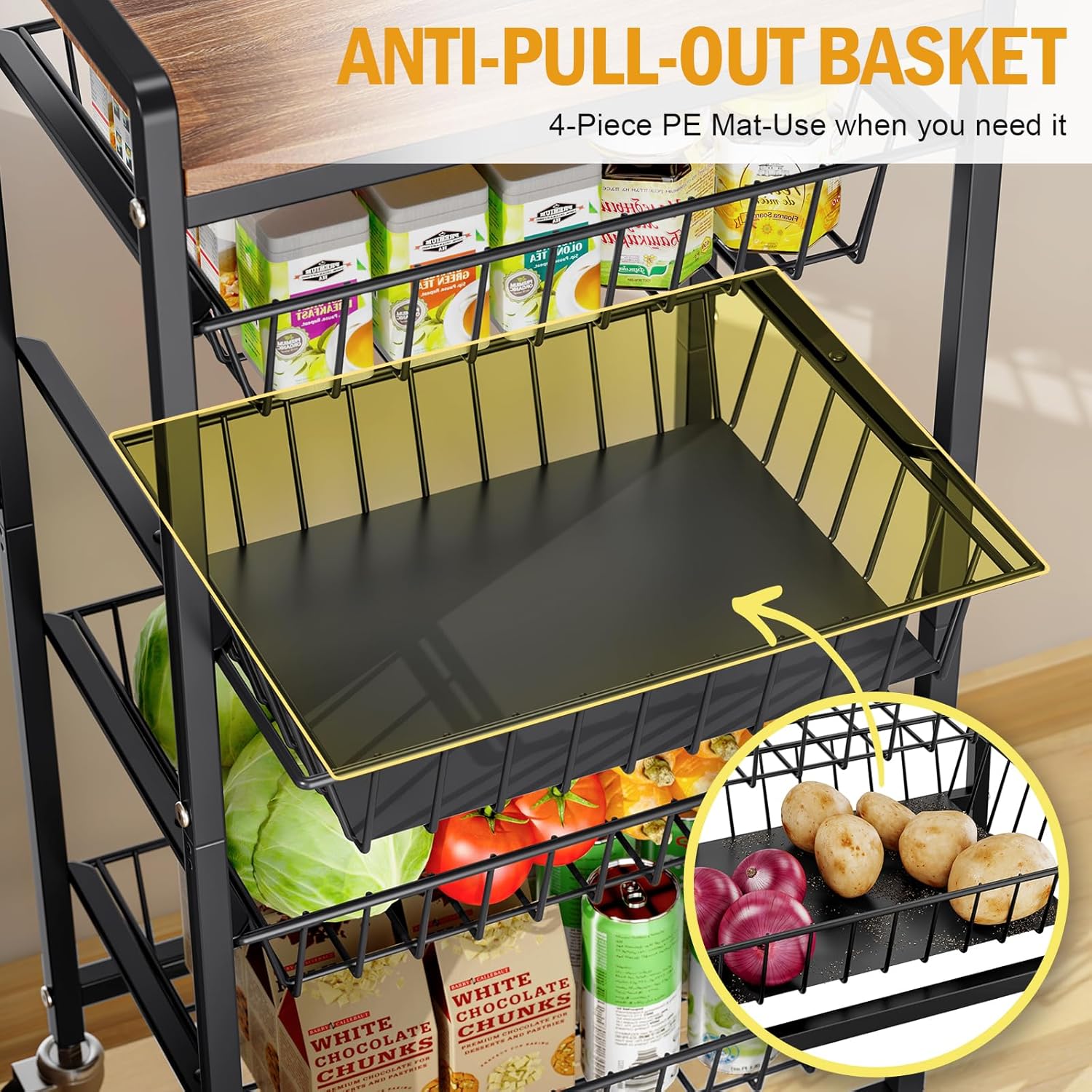 TOOLF 5-Tier Kitchen Storage Cart with Tabletop, Rolling Snack Cart with Lockable Wheels, Fruit Vegetable Basket with 4 Pack Mats, Metal Storage Rack with Pull-Out Pantry Trolley for Organizer