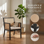 VESCASA Rattan Dining Chairs with Armrest, Padded Upholstered Linen Cream Cushion Dining Chairs with Wood Legs for Dining Room, Kitchen, Set of 2, Black Frame