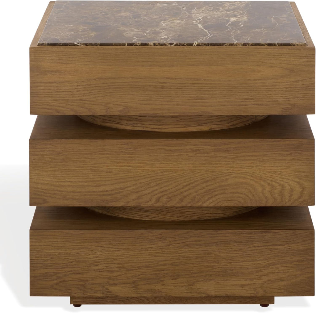 SAFAVIEH Couture Collection – Shayrina Walnut & Dark Brown Marble Accent Table, Sculptural Wood Base Side Table (SFV9765B)