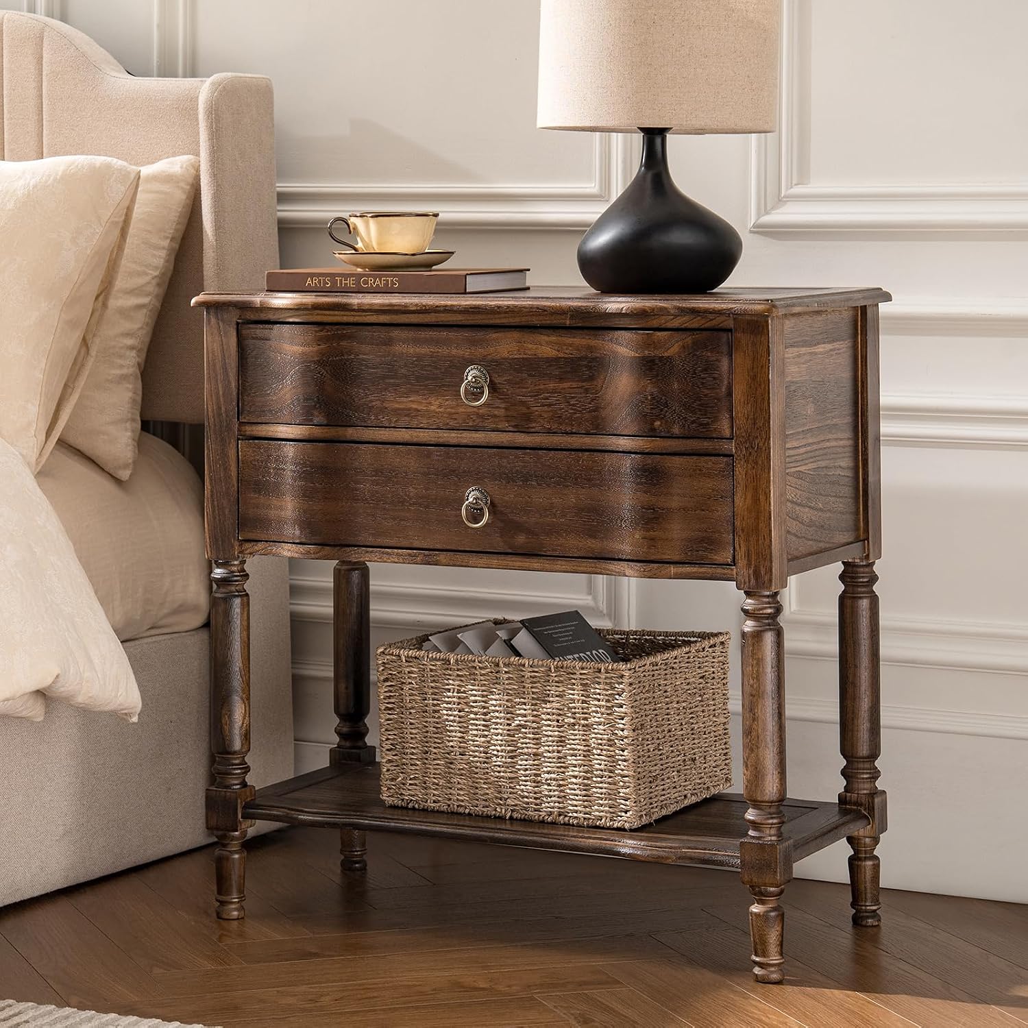 HULALA HOME End Table with Charging Station, Solid Wood Side Table with 2 Drawers & Open Shelf, Vintage Finish, Spindle Legs(Walnut)
