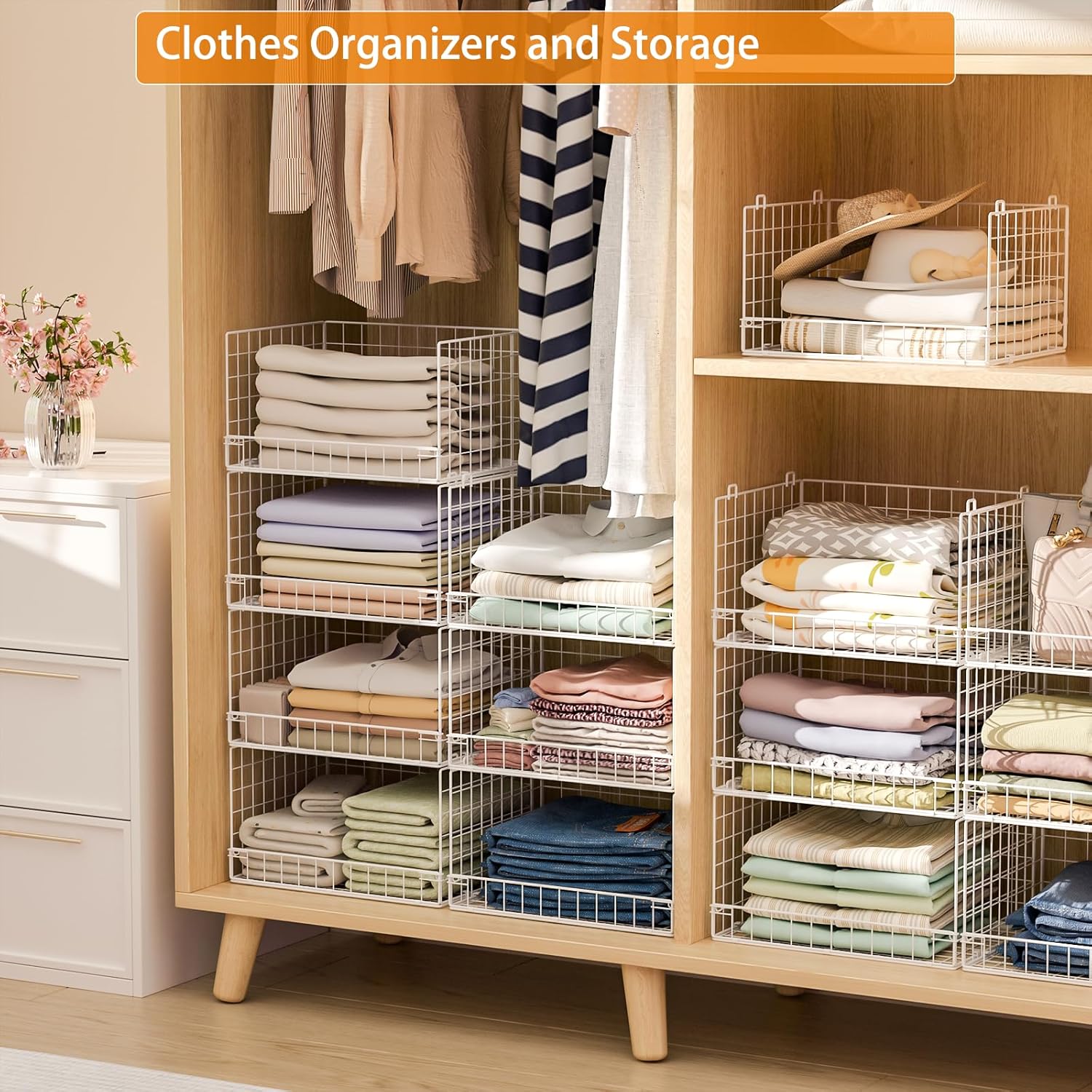 Yociyoga 7-Tier Stackable Closet Organizers and Storage Shelves, Foldable Closet Shelf Organizer System, Stackable Storage Bins Drawers for Closet Organizer System, White（Patent No. 30022416）