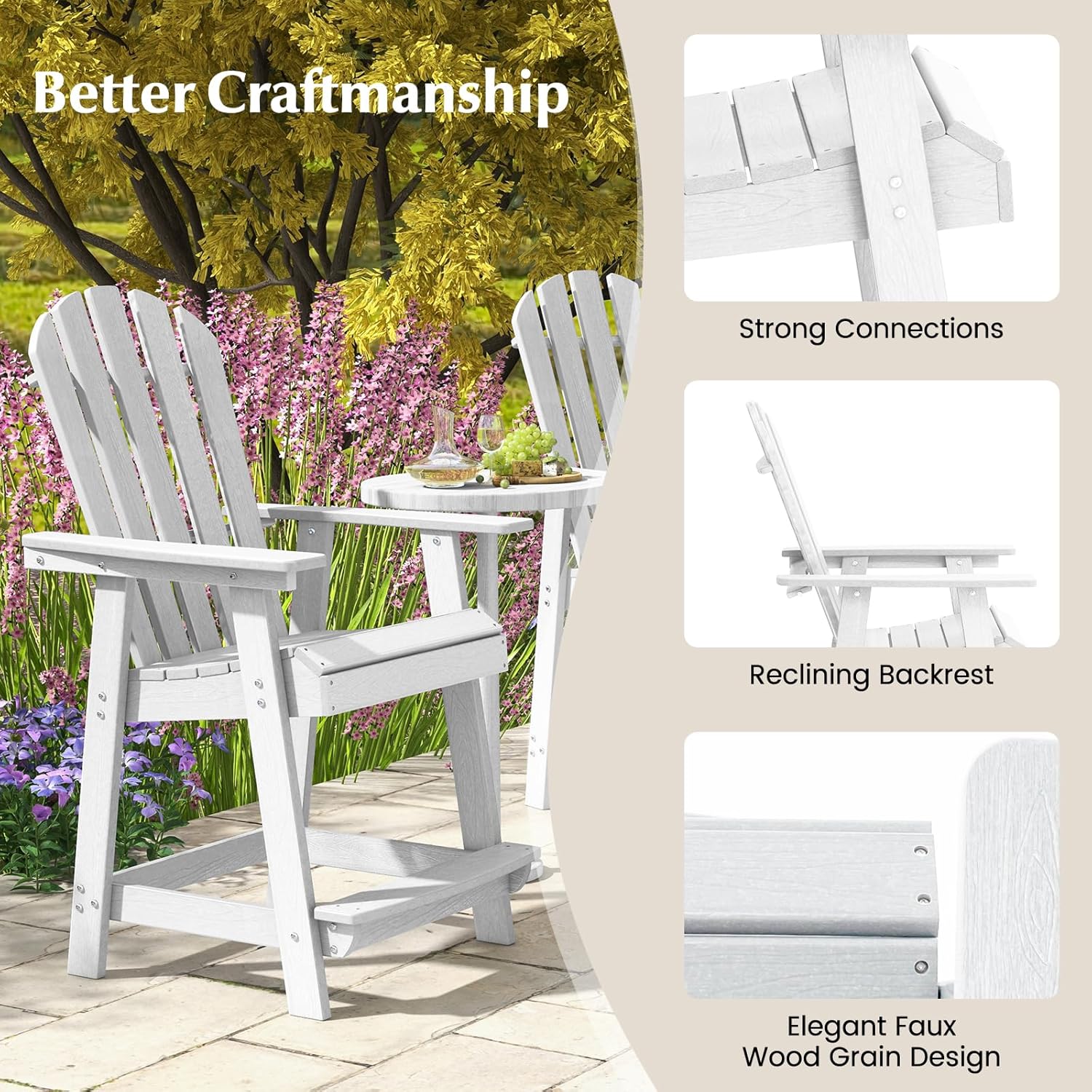 Tangkula Outdoor Bar Stool, HDPE Tall Adirondack Chair with Armrest & Footrest, Weather Resistant 47 Inch Counter Height Barstool Lifeguard Chair for Pool Deck Patio Garden, Balcony Chairs (1, White)
