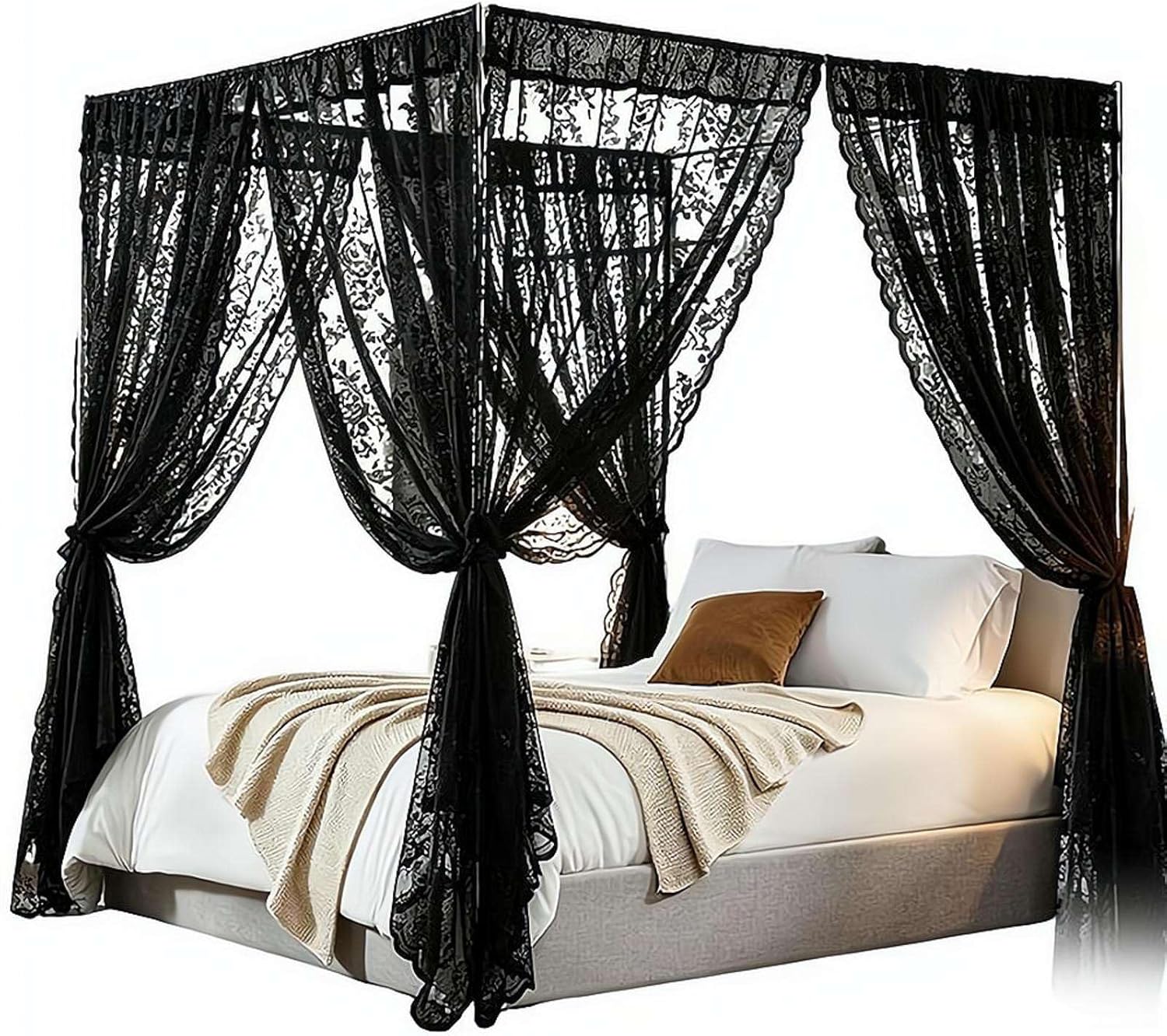 Lace Canopy Bed Curtains Set Black Queen Bed Canopy Curtains Soft Romantic Canopy Scarf Cute Bedroom Decor, No Pole, Consists of 8, 39" x 79"