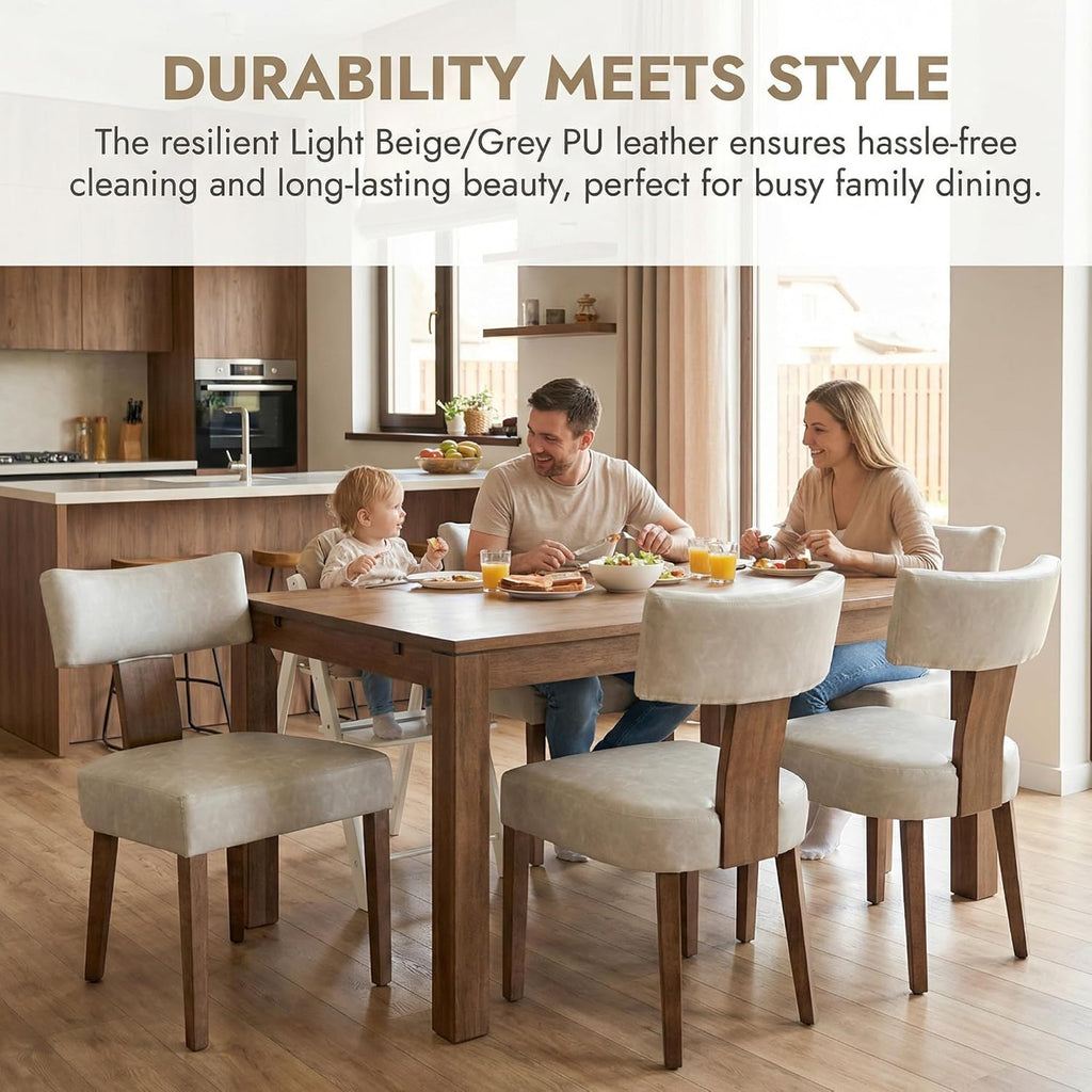Shunzhi Grey Leather Dining Chairs Set of 4, Upholstered Wooden Dining Room Chairs, Mid Century Modern Farmhouse PU Kitchen Chairs, Accent Armless Side Chairs with Curved Back for Living Room, 4PCS