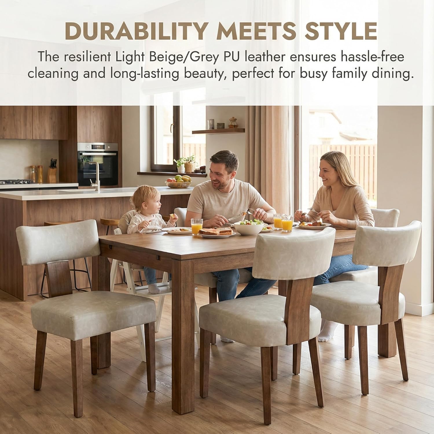 Shunzhi Grey Leather Dining Chairs Set of 4, Upholstered Wooden Dining Room Chairs, Mid Century Modern Farmhouse PU Kitchen Chairs, Accent Armless Side Chairs with Curved Back for Living Room, 4PCS