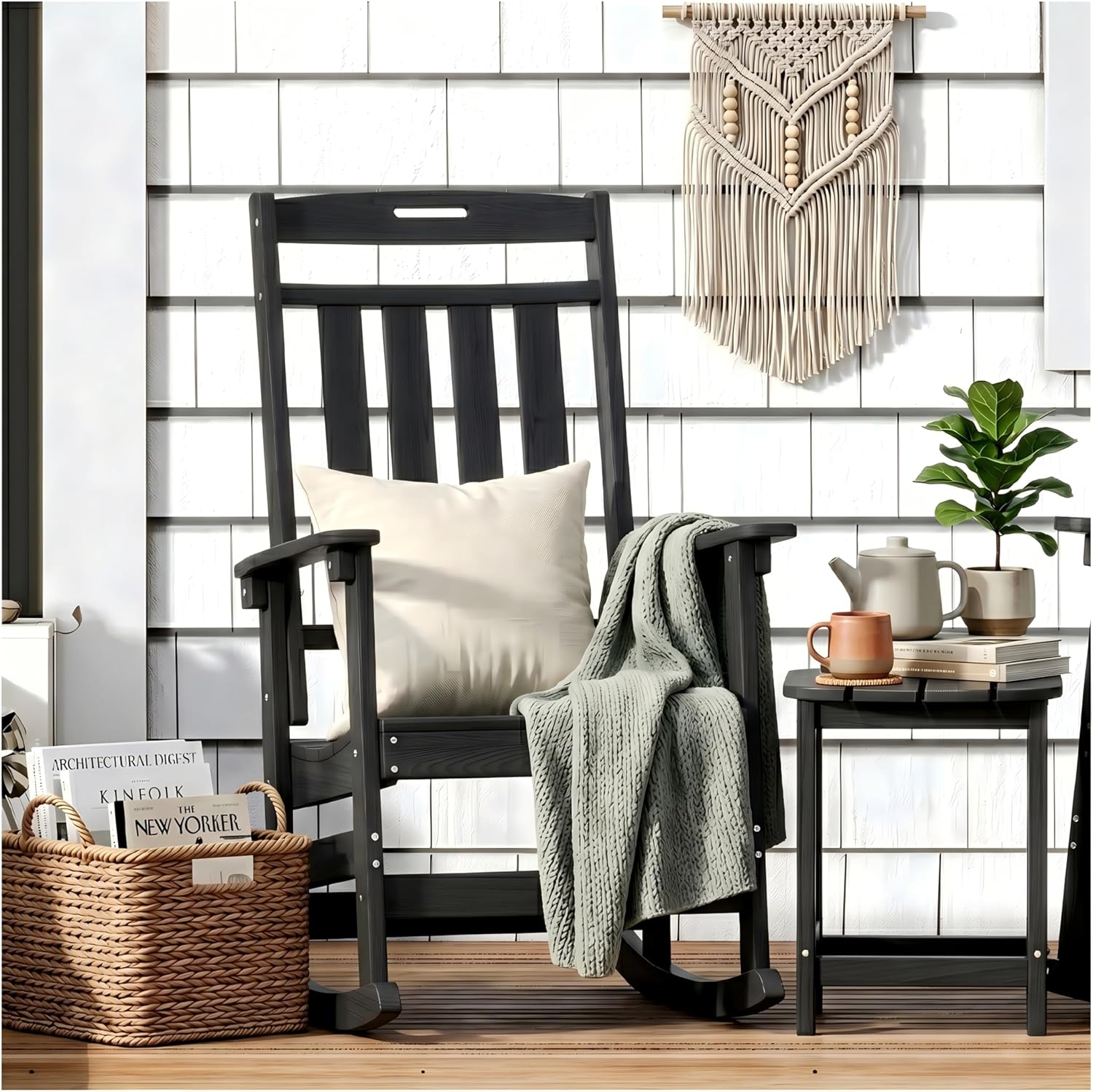 Outdoor Rocking Chair Oversized, HDPE All Weather Resistant Patio Rocker, 31.5" High Back 21.5" Deep Seat Oversized Porch Chairs for Lawn Garden Deck Balcony 400lbs Capacity(Black)