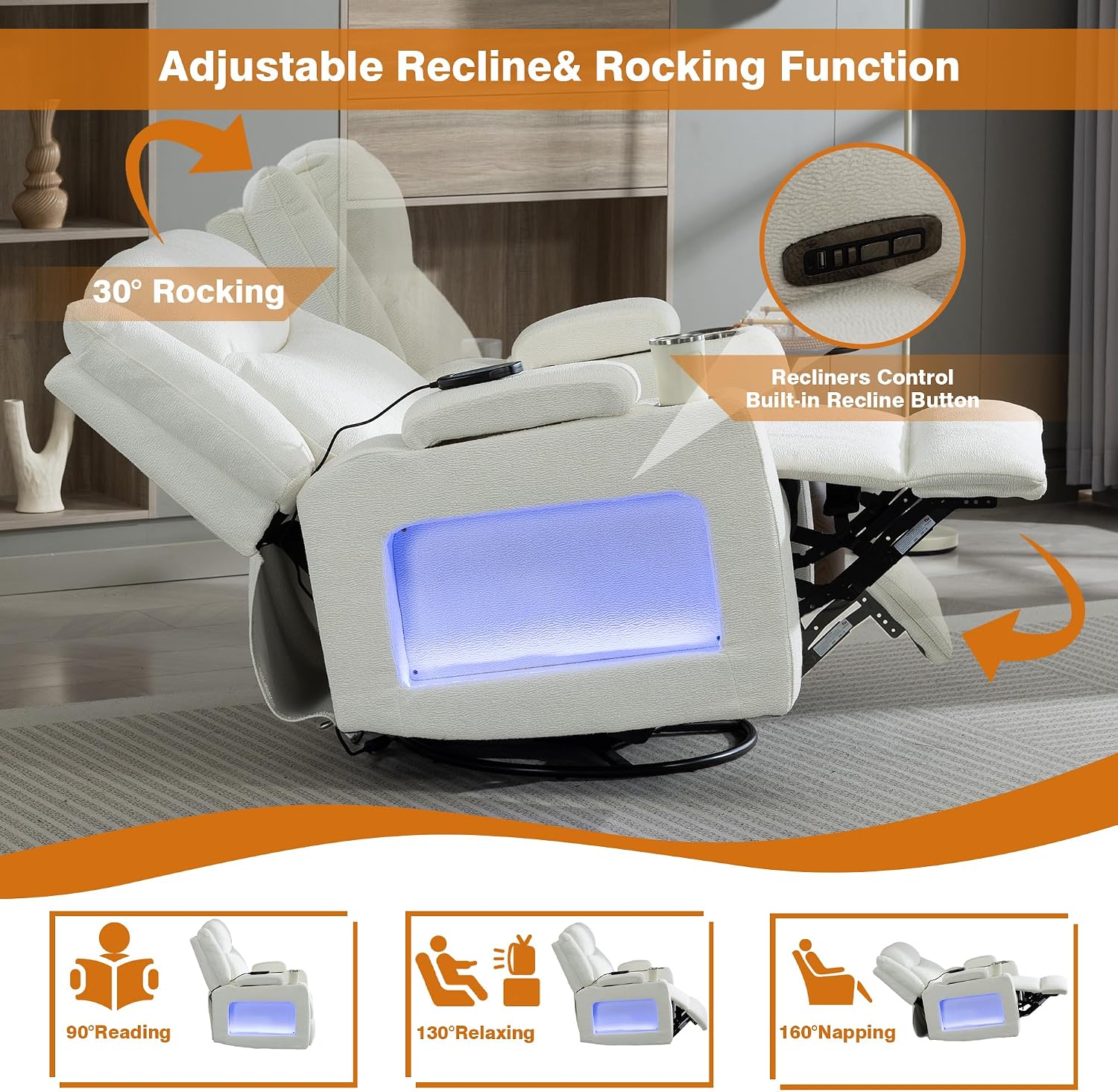 Power Swivel Rocker Recliner Chair with Heat and Massage, Adjustable Headrest, Cup Holder & Armrest Storage, Oversized Extra Wide Reclining Rocking Chairs for Nursery and Adults