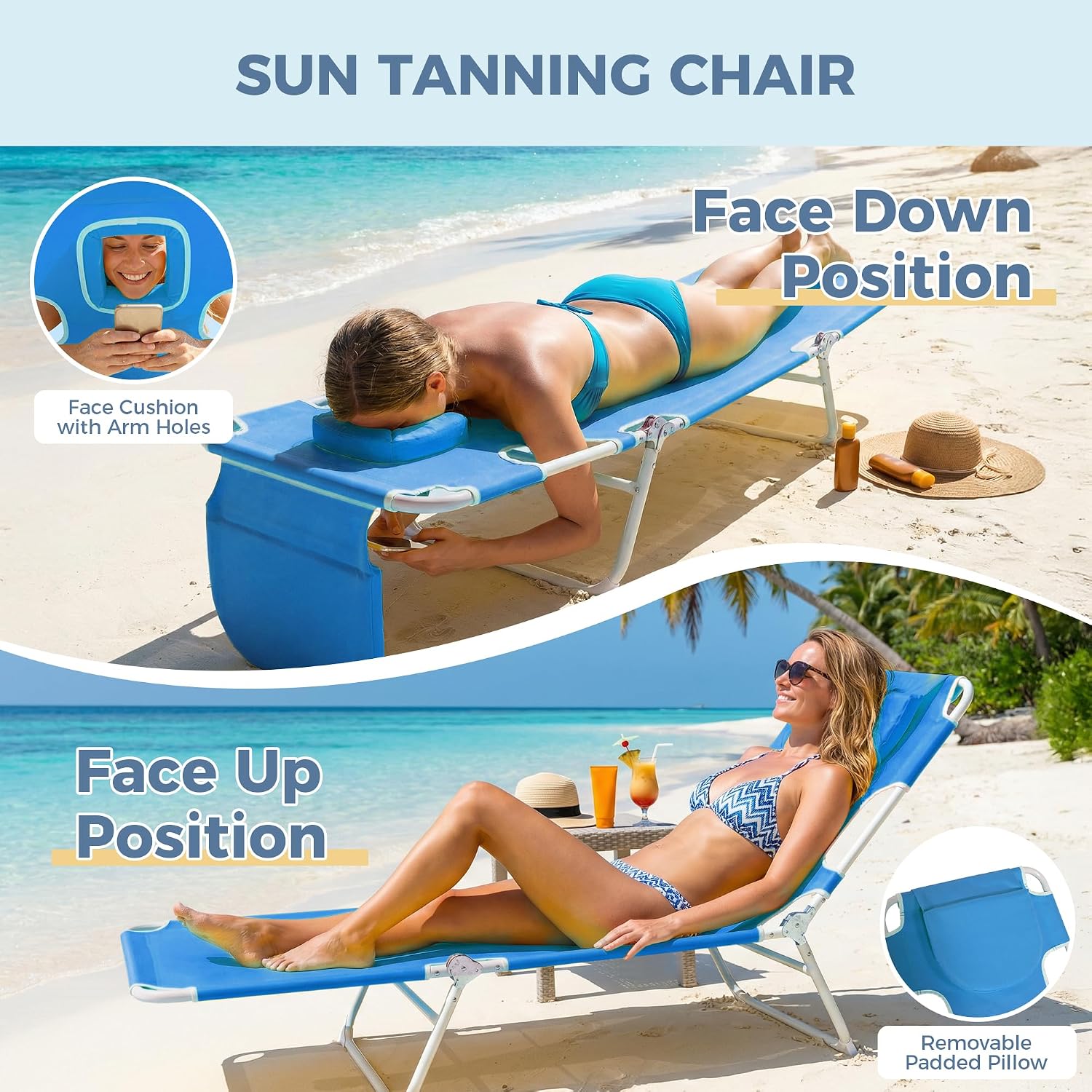 Folding Tanning Chair with Face Hole Set of 2, 3-Position Adjustable Patio Lounge Chair, Outdoor Sunbathing Chaise with Pillow, Portable Lightweight for Beach Pool Lawn Yard, Blue