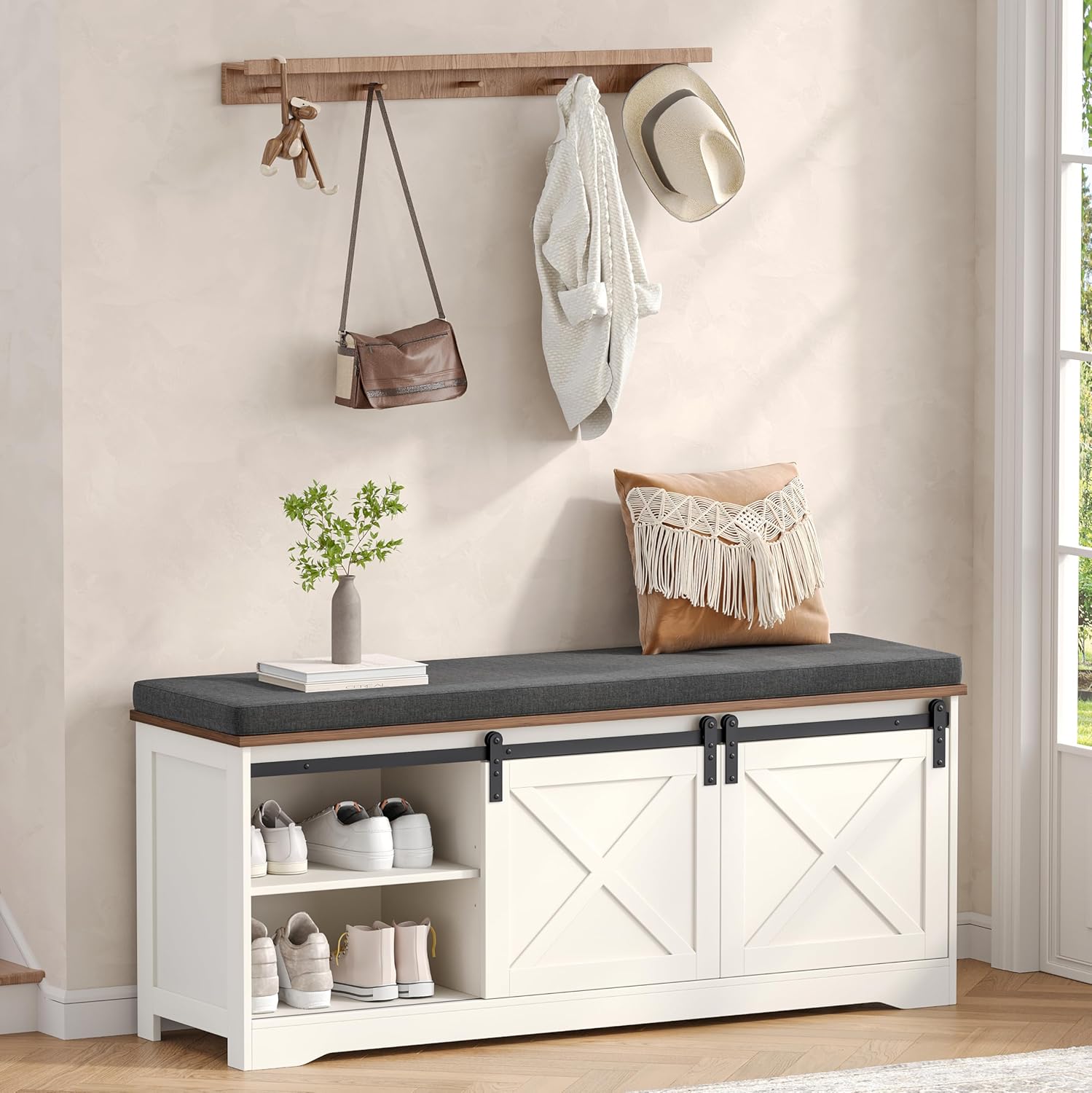 Farmhouse Storage Bench with Cushion, 47.2" Shoe Bench with Slide Barn Doors and Adjustable Shelves, Entryway Bench with Storage for Bedroom, Closet, Living Room, Hallway, White