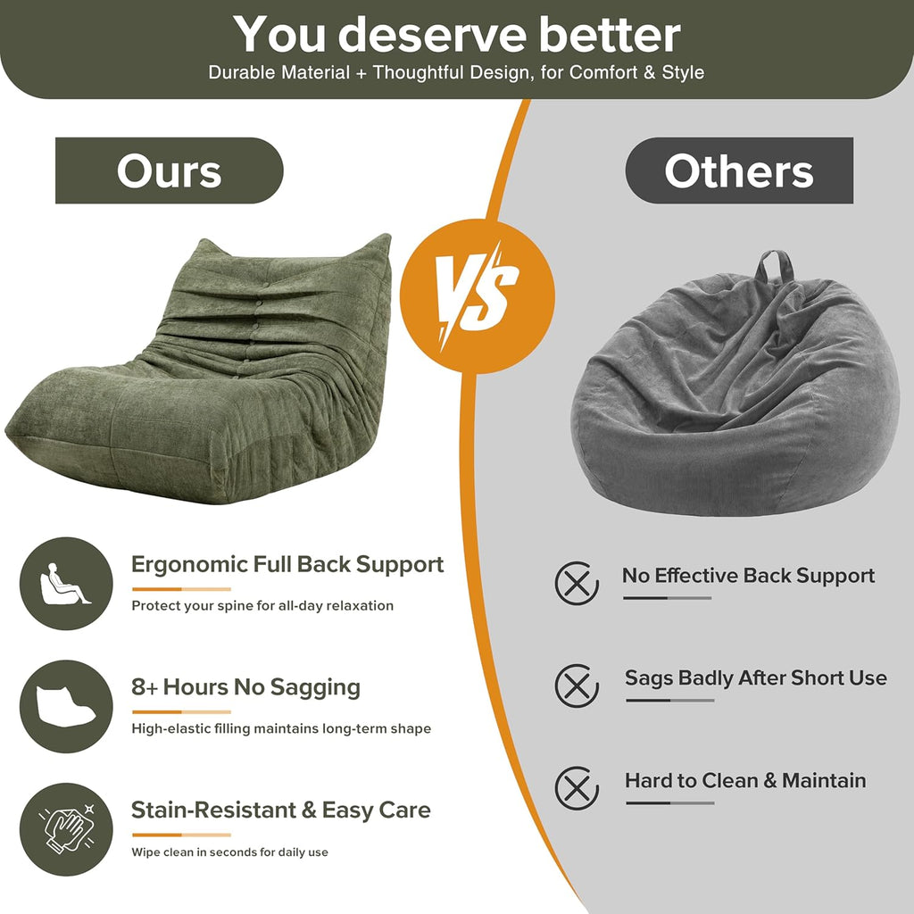 Bean Bag Chairs for Adults, Premium Fabric Foam Filled Lazy Sofa Lounge Chair, Ergonomic Floor Couch for Living Room Bedroom Gaming, No Assembly, Green